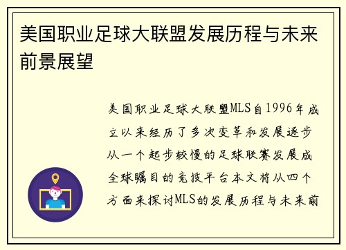 美国职业足球大联盟发展历程与未来前景展望