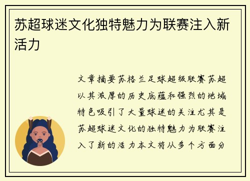 苏超球迷文化独特魅力为联赛注入新活力
